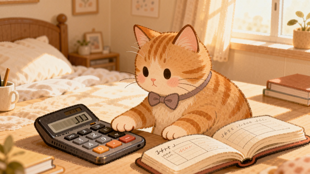 一只戴着蝴蝶结的橘猫坐在翻开的账本旁边,爪子按在计算器上,背景是温馨的卧室书桌,阳光透过窗帘洒在桌面上。整体风格为治愈系手绘插画,色彩柔和温暖,突出猫猫日记帐的软萌记账定位。画面主体为橘猫与账本,坐标左侧。