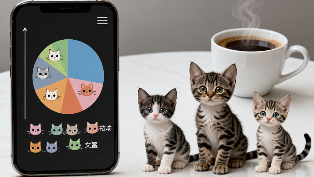手机屏幕上显示一个饼状图,图例是不同颜色的猫咪头像,旁边站着三只不同体型的小猫代表储蓄状态。背景是极简白色桌面,一杯咖啡冒着热气。画面数据可视化风格,坐标左上。