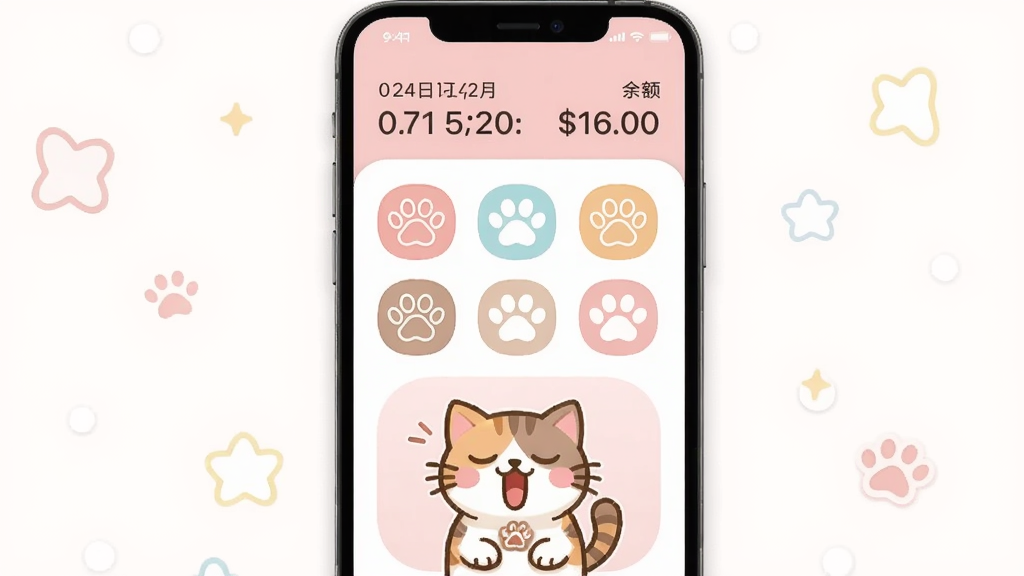 手机屏幕展示猫猫日记帐的记账界面,顶部显示日期和余额,中间分类图标均为猫咪爪子形状,底部有一个正在打哈欠的小猫动图。背景为淡粉色,所有按钮采用圆角设计。画面突出清新可爱的UI风格,坐标居中。