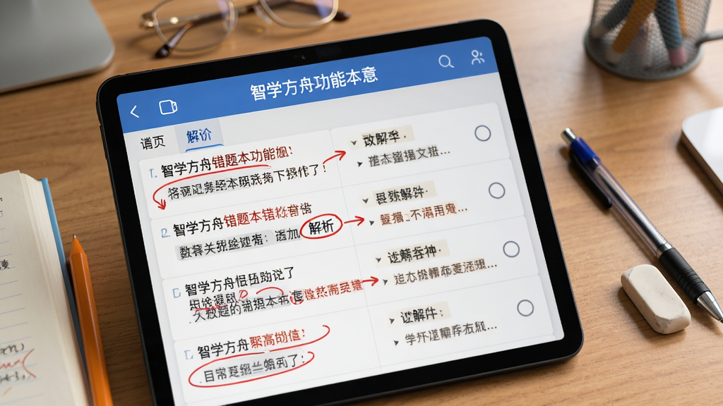 智学方舟错题本功能示意,屏幕中显示错题列表,有红色批注和解析,背景是学习桌面的特写,旁边放着一支笔和橡皮