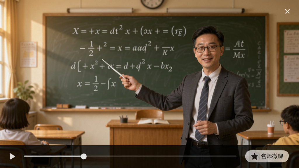 智学方舟名师微课播放界面,视频画面中一位老师正在讲解数学公式,屏幕下方有进度条和收藏按钮,背景是教室环境,色调温暖
