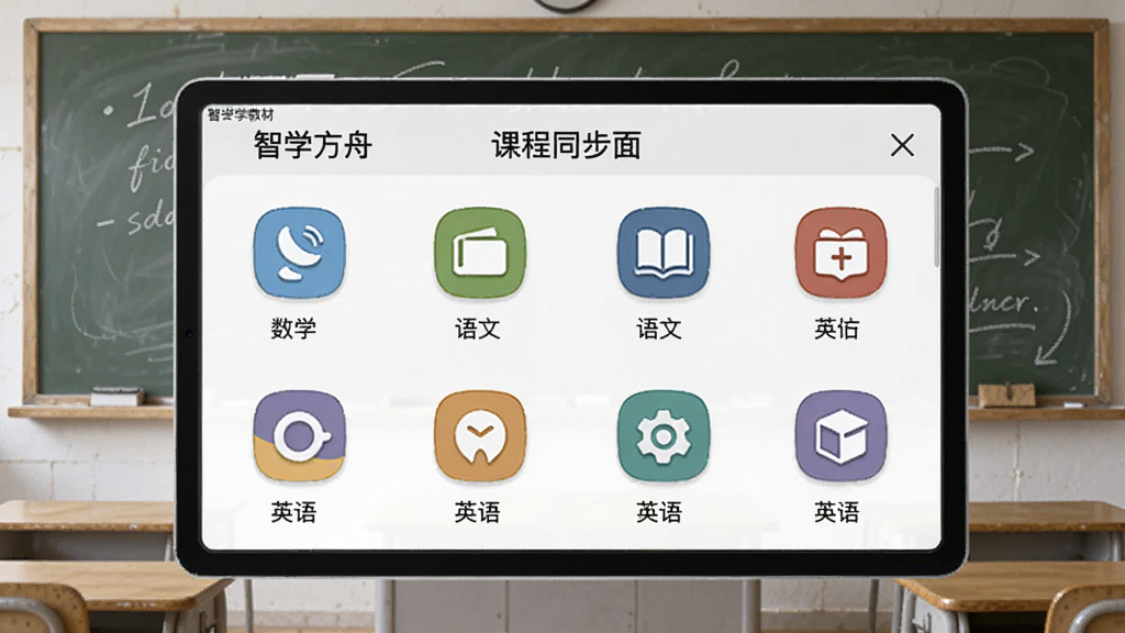智学方舟课程同步界面,展示不同年级的教材列表,屏幕上有数学、语文、英语等科目图标,背景是教室黑板,整体风格简洁清晰