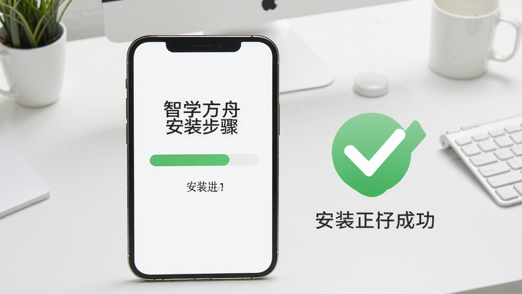 智学方舟安装步骤示意图,手机屏幕上显示安装进度条,旁边有一个绿色的对勾图标,背景是简洁的桌面,强调安装成功