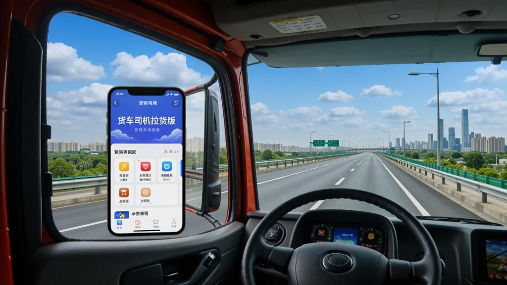 一辆大型货车行驶在宽阔的高速公路上,驾驶室内手机屏幕清晰显示'货车司机拉货版'应用主界面,背景是蓝天白云与远处城市天际线,画面明亮写实,突出软件品牌与驾驶场景