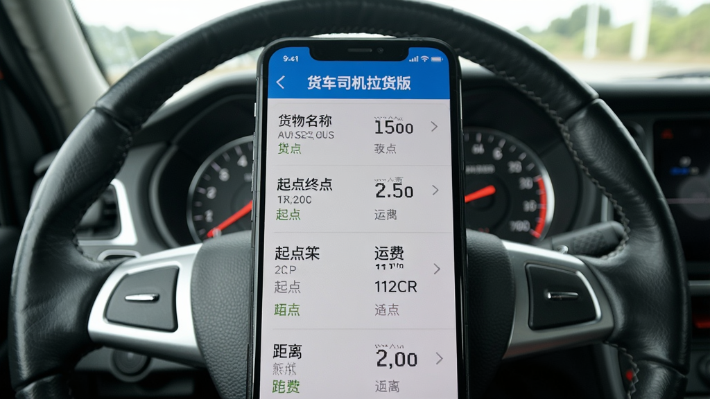 手机屏幕上展示'货车司机拉货版'的货源列表界面,列表项包括货物名称、起点终点、运费和距离,背景是方向盘和仪表盘,突出接单场景