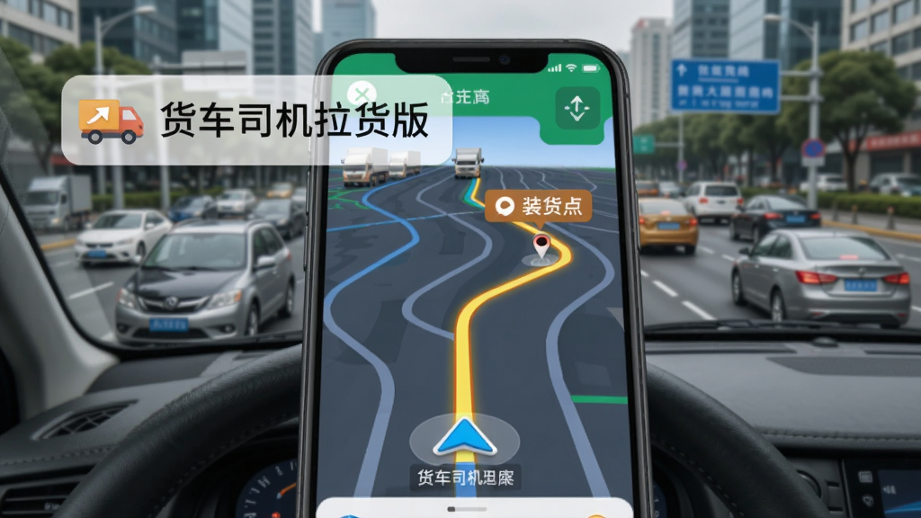 手机显示导航地图,路线从当前位置到装货点高亮显示,地图上带有'货车司机拉货版'的悬浮图标,背景是城市道路与车辆,突出导航功能