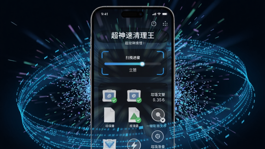 超神速清理王的一键扫描过程截图,手机屏幕显示扫描进度条和已发现的垃圾文件数量,背景是动态的粒子效果,代表正在高速扫描,手机周边有蓝色数据流环绕。