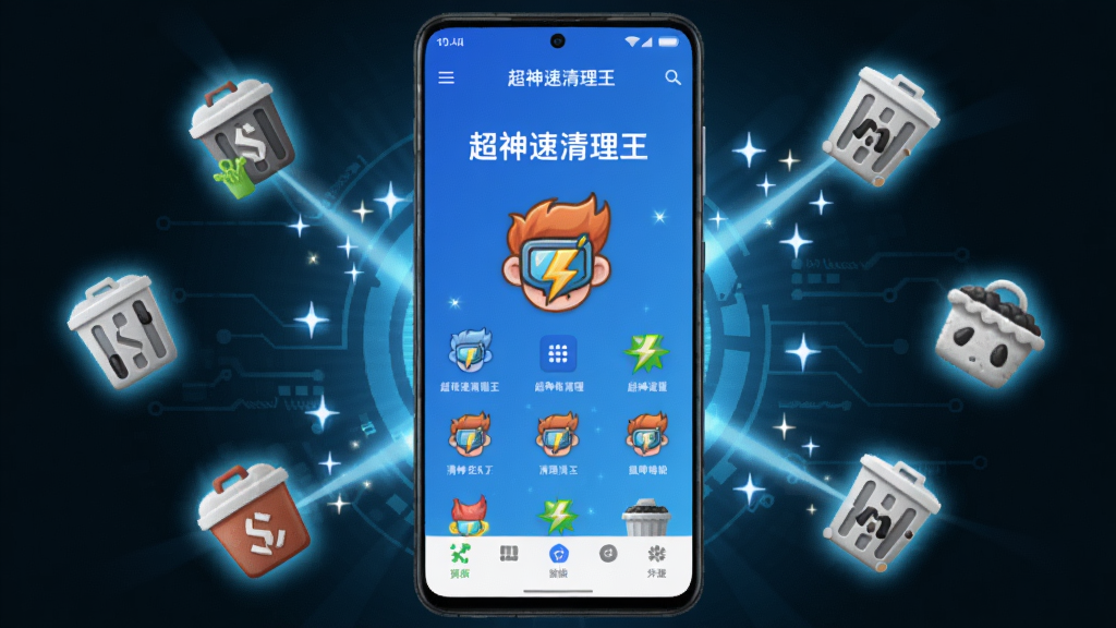 超神速清理王的主界面展示,画面中央是一部安卓手机屏幕,屏幕上显示超神速清理王APP的主页,背景为渐变的蓝色科技感,手机周围有散落的垃圾图标和闪光特效,强调清理速度极快,整体风格明亮干净。