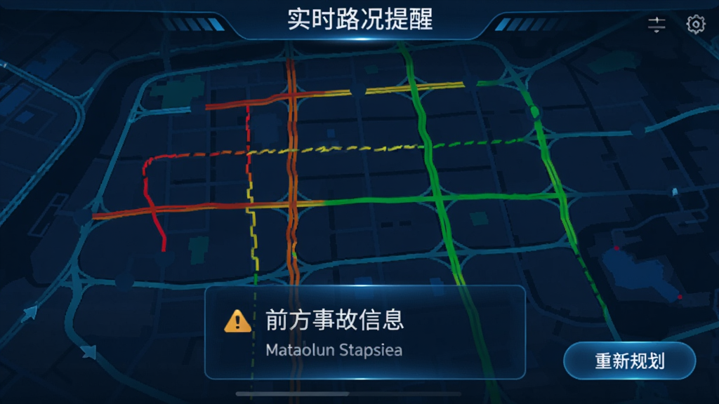 实时路况提醒界面,地图上红色黄色绿色线条表示拥堵程度,底部弹出提醒框显示前方事故信息,画面主色调为科技蓝,突出预警效果,右下角有重新规划按钮