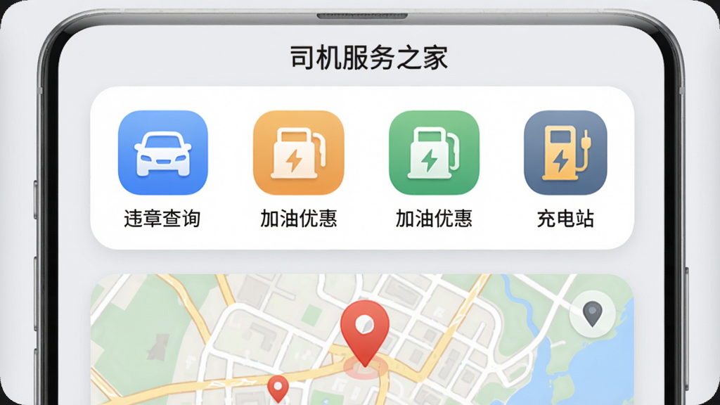 司机服务之家的工具页面,展示违章查询、加油优惠、充电站等彩色图标,下方有地图定位点,整体界面简洁,圆角卡片设计,背景浅灰,细节精致