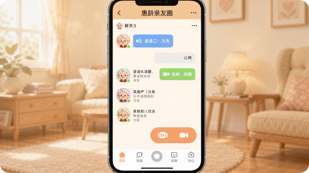 ��������Ȧ���棬��ʾȺ�Ĵ��ڣ���������Ϣ���ݺ���Ƶͨ����ť����ϵ��ͷ��Ϊ��ͨ�������󣬵ײ�Ϊ��๤������������ɫ�����ܰ