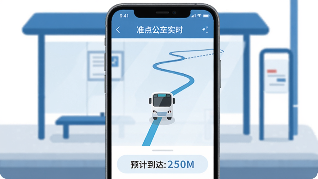 手机屏幕显示准点公交实时查的到站预报界面,一辆公交车图标沿路线移动,下方显示预计到达时间,背景为简约的公交车站场景,色调以蓝色和白色为主,软件名称清晰可见