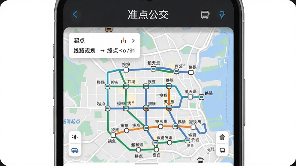 准点公交实时查的线路规划界面,显示起点到终点的多条公交路线,地图上标注换乘站点,整体风格现代简洁,软件名称位于顶部