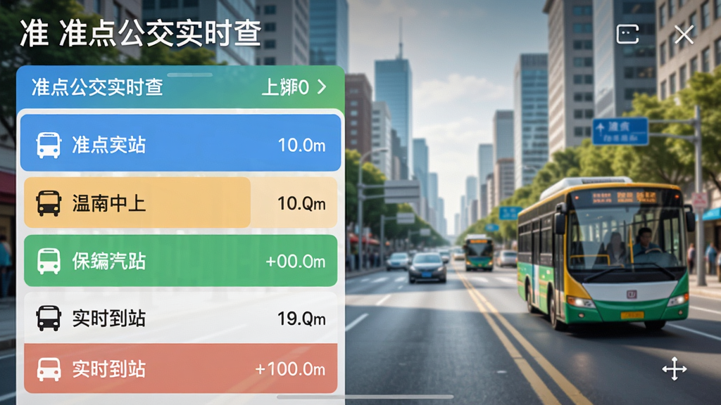 准点公交实时查主界面截图,展示公交线路列表和实时到站信息,背景为城市街道,色彩清新明亮,突出软件名称“准点公交实时查”,适配Boogu模型生成
