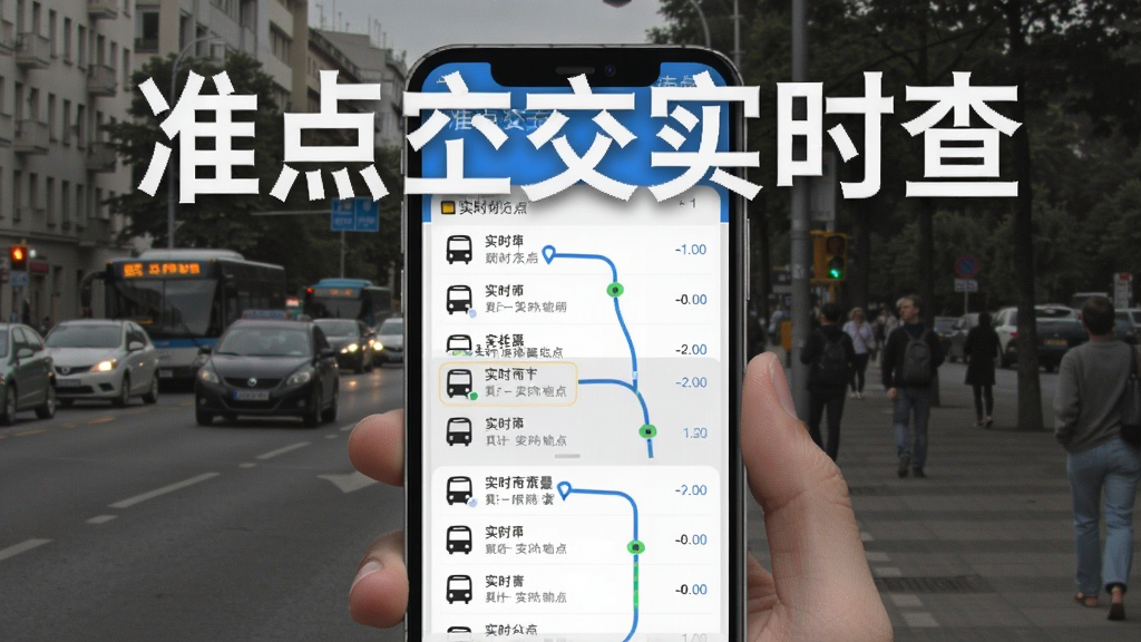 准点公交实时查在手机上运行,展示附近公交站点列表和实时车辆位置,背景为真实街景,软件名称突出显示