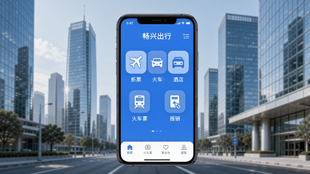 畅兴出行商旅APP首页截图,背景为现代城市商务区,手机屏幕显示蓝色主题界面,包含机票、酒店、火车票、报销等图标,整体风格简洁商务,色彩明亮柔和。