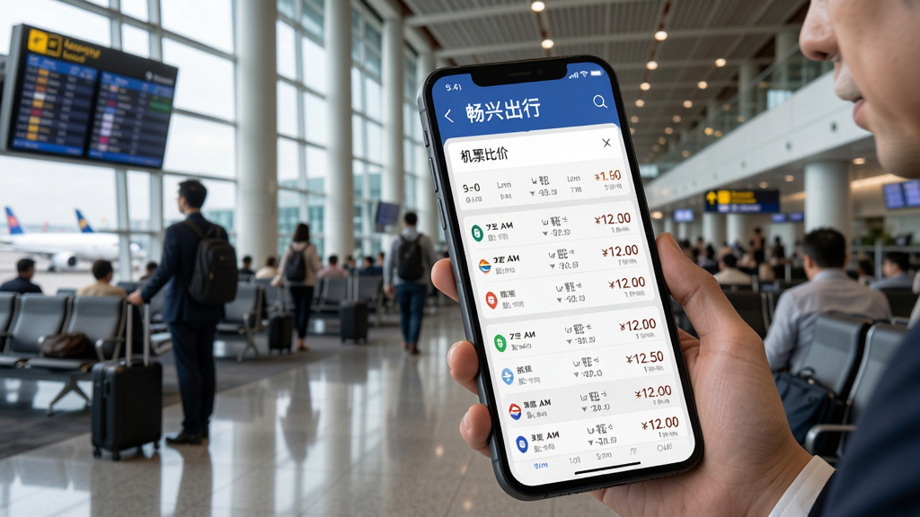畅兴出行商旅智能预订功能预览,手机屏幕显示机票比价结果列表,背景为机场候机大厅,旅客正在查看手机,界面清晰列出各航班价格、时间、航空公司,强调比价功能,色彩写实商务风。