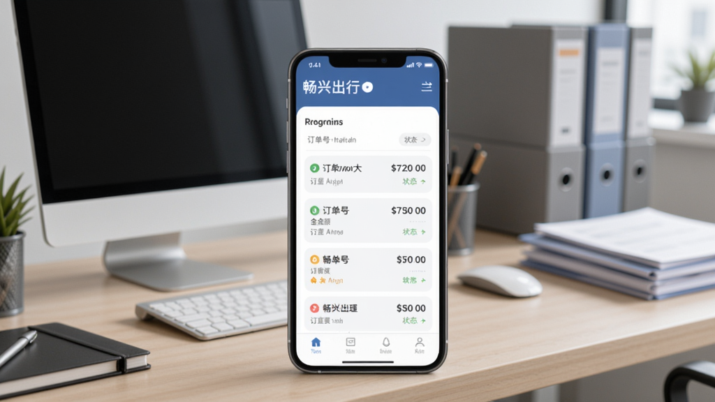 畅兴出行商旅报销助手界面展示,手机屏幕显示报销单列表,包含订单号、金额、状态,背景为办公室办公桌,有电脑和文件,界面风格商务简洁,色彩柔和。
