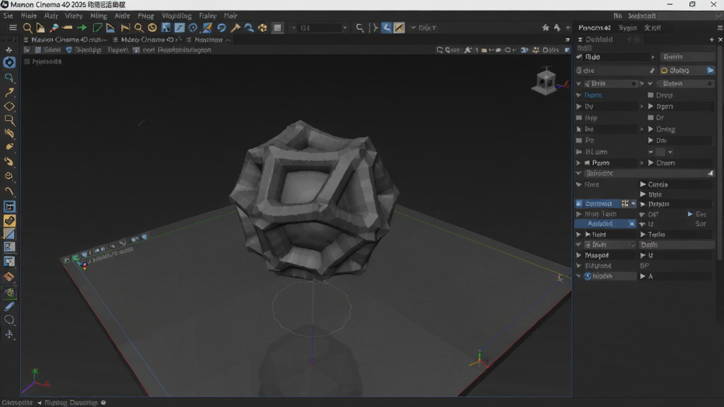 提示词:Maxon Cinema 4D 2026中文激活版软件主界面,展示完整的3D建模场景,左侧工具栏、右侧属性面板、中央视口内有一个正在渲染的立体模型,背景为深色工作室风格,整体画面清晰专业