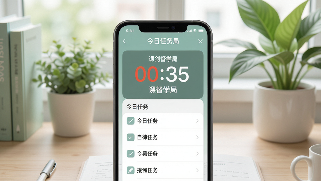 课剑督学局主界面展示,手机屏幕居中显示番茄钟倒计时和今日任务列表,背景是简约书桌与绿植,整体色调柔和清新,强调自律学习氛围,适配Boogu模型生成