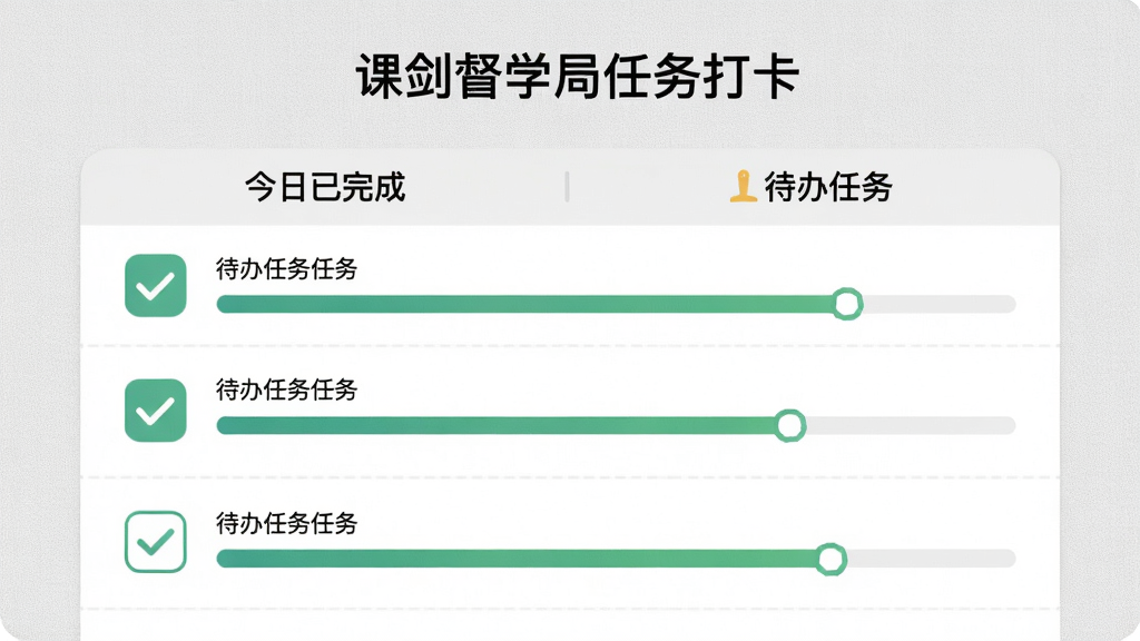 课剑督学局任务打卡页面,展示今日已完成和待办任务列表,对勾图标与进度条清晰可见,背景为浅灰质感,突出任务管理功能