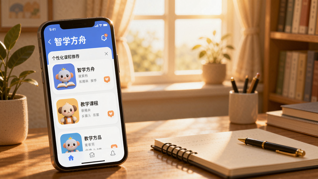 智学方舟教育学习app界面,主体为手机屏幕显示个性化课程推荐列表,背景为温馨书房,阳光透过窗户,书桌上有笔和笔记本,色彩柔和,高清画质,Boogu风格