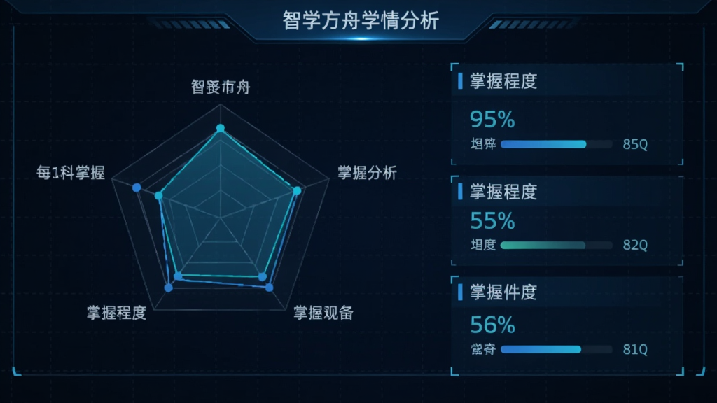 智学方舟学情分析界面,显示雷达图展示各科掌握程度,旁边有百分比数据,背景为虚线网格,科技感蓝色调,数据可视化风格,Boogu模型