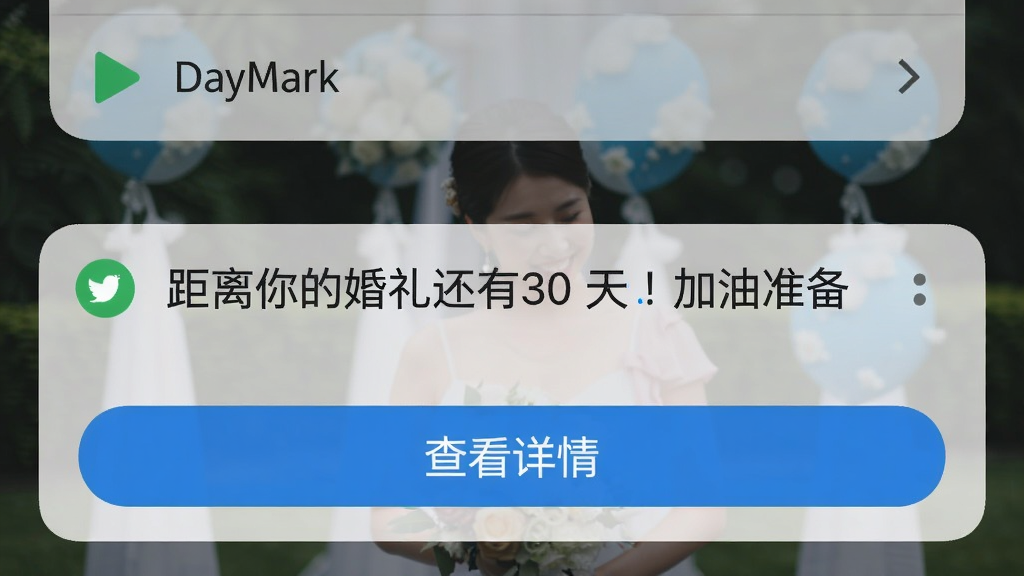 ����ʱDayMark������֪ͨ��ͼ��״̬��������ʾһ��֪ͨ������Ϊ��������Ļ�����30�죡����׼�������·��С��鿴���顱��ť�������黯������ͻ��֪ͨ��Ƭ��