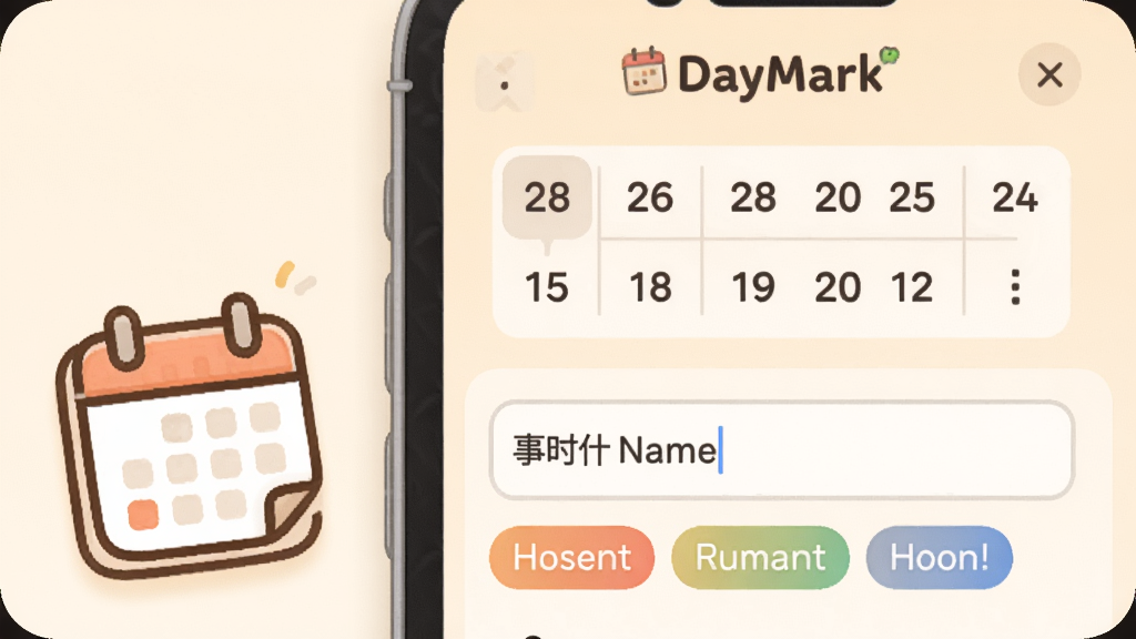 ����ʱDayMark�Ĵ���������д����Ļ�ϰ벿����һ������ѡ�������·����¼����������Ͳ�ɫ��ǩѡ�����������װ�ɫ�������һ����ͨ����ͼ�꣬���廭����ܰ�����á�