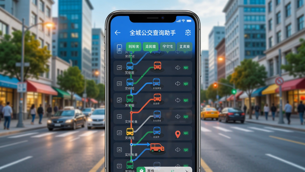 全城公交查询助手主界面预览图,手机屏幕上显示实时公交线路列表和车辆位置,背景为城市街景,色彩明亮,界面简洁。