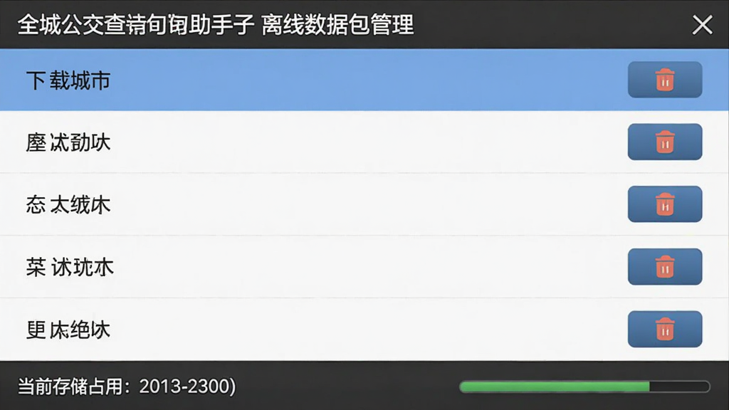 全城公交查询助手离线数据包管理界面,列表显示多个已下载的城市名称,每个名称右侧有删除按钮,底部显示当前存储占用。