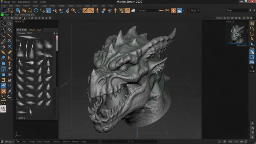 ��ʾ�ʣ�Maxon ZBrush 2020���İ��������棬չʾ3D���ģ�����ˢ�˵�������Ϊ��ɫ������������Ϊ���Ʒ����ͷ�����ܣ�������й���ͼ��