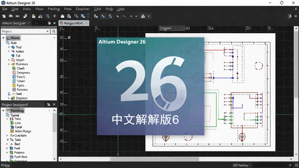 ��������չʾAltium Designer26�����ƽ��������棬�������Ŀ��壬�Ҳ���ԭ��ͼ�༭���򣬱���Ϊ��ɫ���������רҵ������Ʒ������Booguģ��
