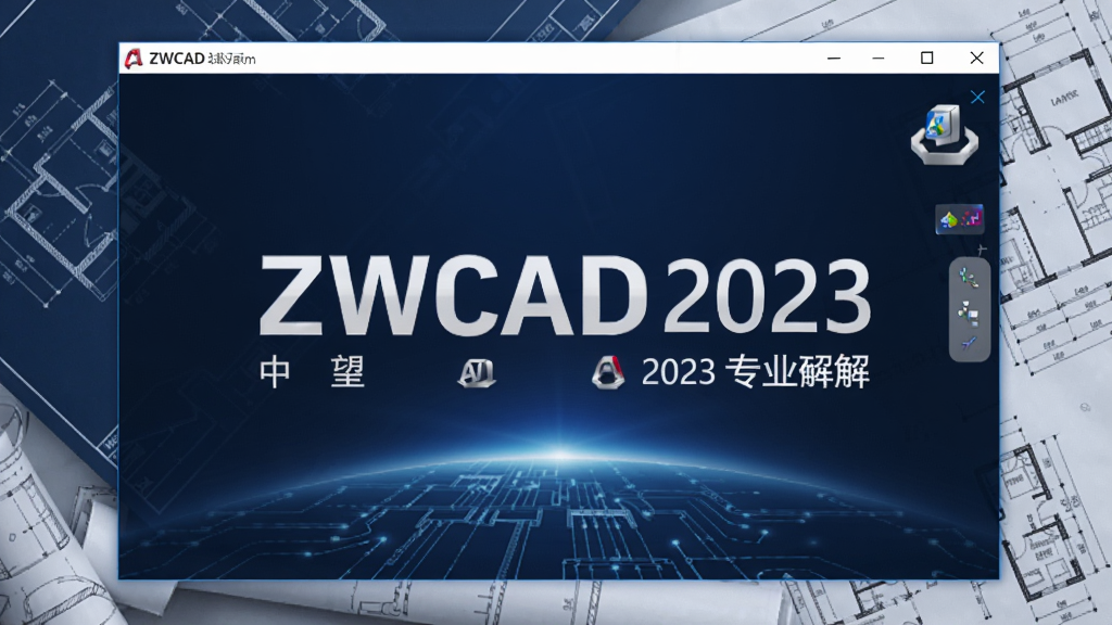 画面中央展示中望cad2023最新破解版(ZWCAD 2023 专业版)软件启动界面,背景为工程图纸和建筑蓝图,整体色调为深蓝与白色,科技感与专业感并存。