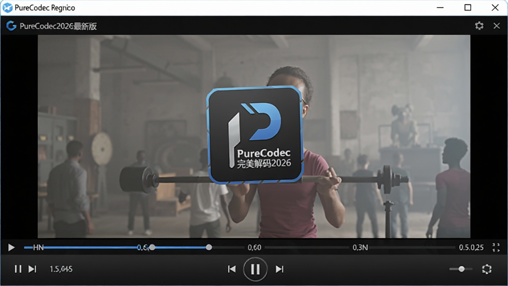 PureCodec完美解码2026最新版,软件界面主窗口,播放高清视频,背景为深色,突出解码器图标和播放控件,主体居中,坐标0.5,0.5