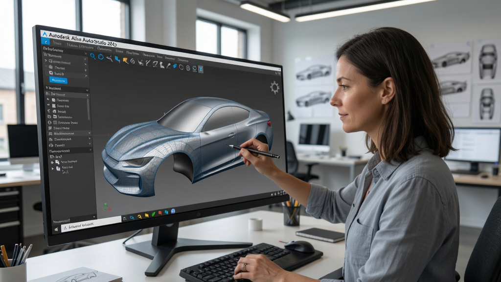 A professional designer working on a car body surface in Autodesk Alias AutoStudio 2026, the screen shows wireframe and shaded Class-A surfaces, with tool panels and menus visible, background is a modern design studio, high resolution, photorealistic.