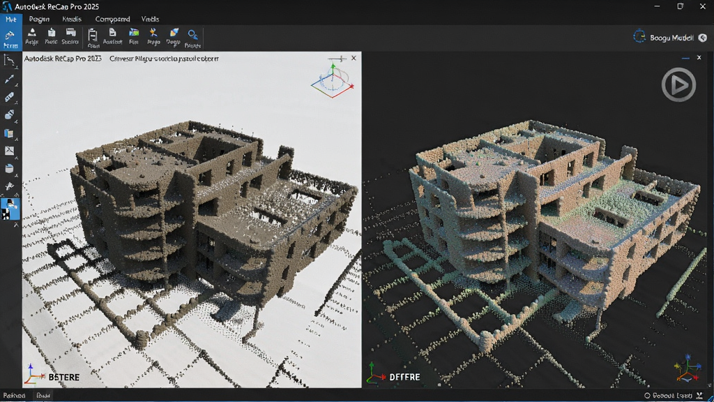 画面主体为Autodesk ReCap Pro 2025中文版软件界面,背景为点云数据生成的建筑物三维模型,展示点云处理前后对比,适配Boogu模型生成。