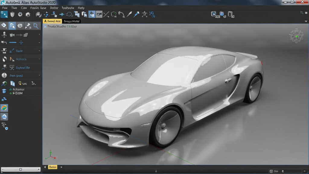 提示词:Autodesk Alias AutoStudio 2020中文免费版主界面,左侧工具条、中央三维视口展示一辆白色汽车模型的高光曲面,背景为渐变灰,突出软件专业汽车设计氛围,适配Boogu模型。