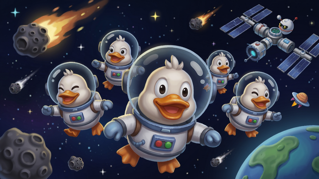 逃离鸭鸭队太空主题关卡,鸭群穿着宇航服漂浮在星空中,周围有陨石和空间站,画面充满科幻趣味。