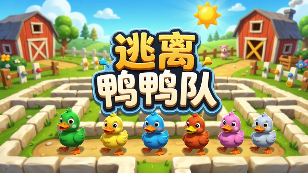 逃离鸭鸭队游戏主界面,一群彩色小鸭站在迷宫起点,背景是明亮的卡通农场,画面中心有“逃离鸭鸭队”Logo,色彩鲜艳,细节丰富,适合Boogu模型生成。