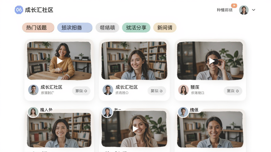06成长汇社区界面,显示帖子列表和用户头像,上方有热门话题标签,背景为白色,卡片式设计,色彩柔和,突出社交与知识分享氛围。