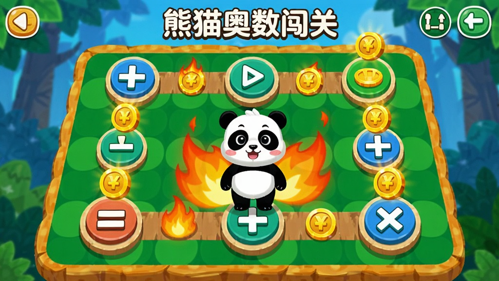 熊猫奥数闯关游戏画面,屏幕中央是关卡地图,有多个节点,每个节点上有数学符号图标,熊猫角色站在当前关卡上,周围有火焰特效和金币,整体色彩鲜艳,充满童趣