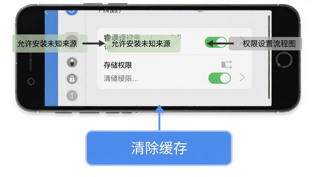 睿课教安装与权限设置流程图,上方显示手机设置页面,标注“允许安装未知来源”“存储权限”等关键选项,下方有清除缓存按钮示意图。