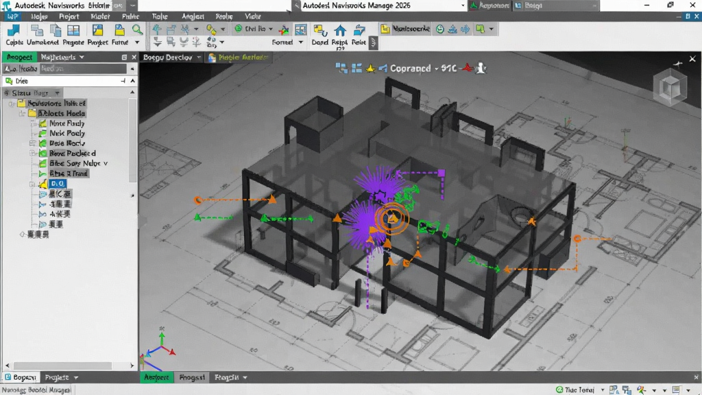 提示词:展示Autodesk Navisworks Manage 2026中文破解版主界面,左侧为项目树,中央显示三维模型与碰撞检测标记,背景为建筑蓝图,符合Boogu模型生成。