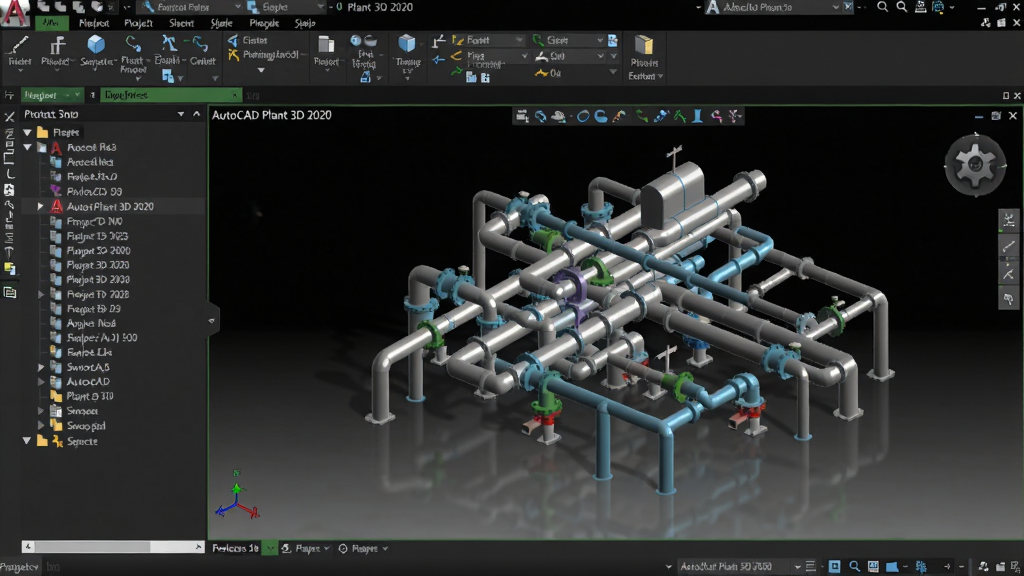 AutoCAD Plant 3D 2020中文版主界面,三维工厂管道模型展示,左侧项目导航树,右侧3D视口显示完整管线布局,背景为深色科技风格