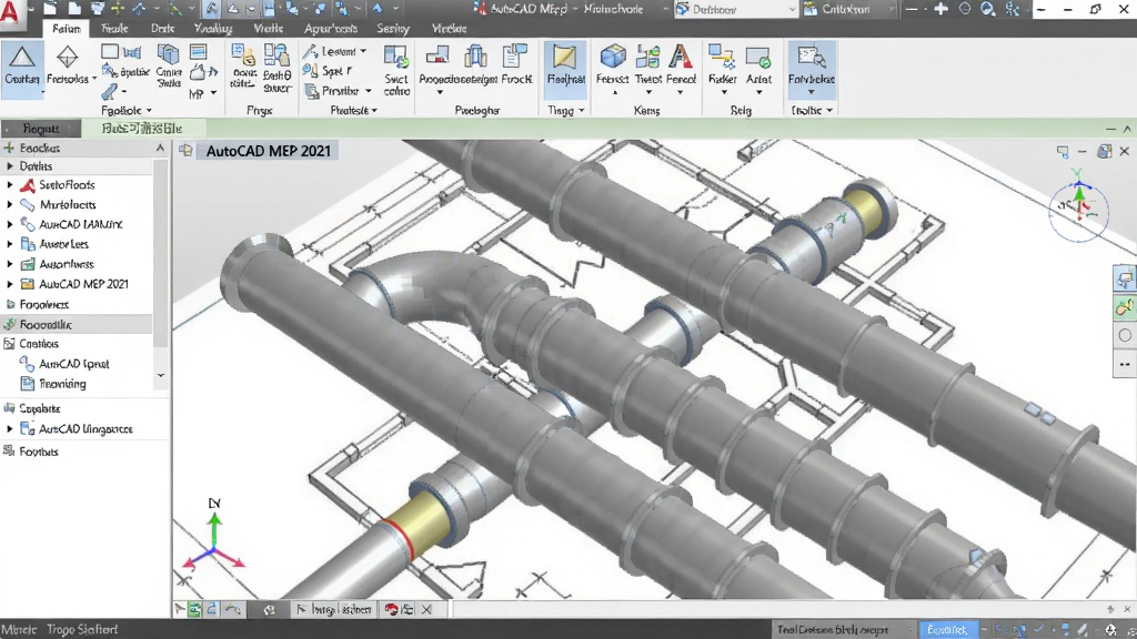 AutoCAD MEP 2021中文可激活版 软件主界面展示,左侧工具栏,中央三维管线模型,背景为建筑蓝图