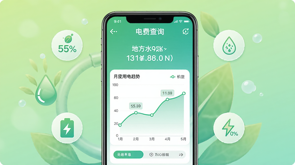地方水电App电费查询界面,显示电费余额、月度用电趋势折线图,手机屏幕上数据清晰,背景为浅绿色渐变,突出节能环保主题,手机屏幕中心,周围有电量百分比等小图标