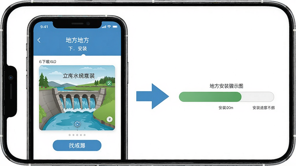 地方水电App安装步骤示意图,展示手机下载页面和安装进度条,箭头指示下一步,背景为白色简约风格,手机屏幕特写