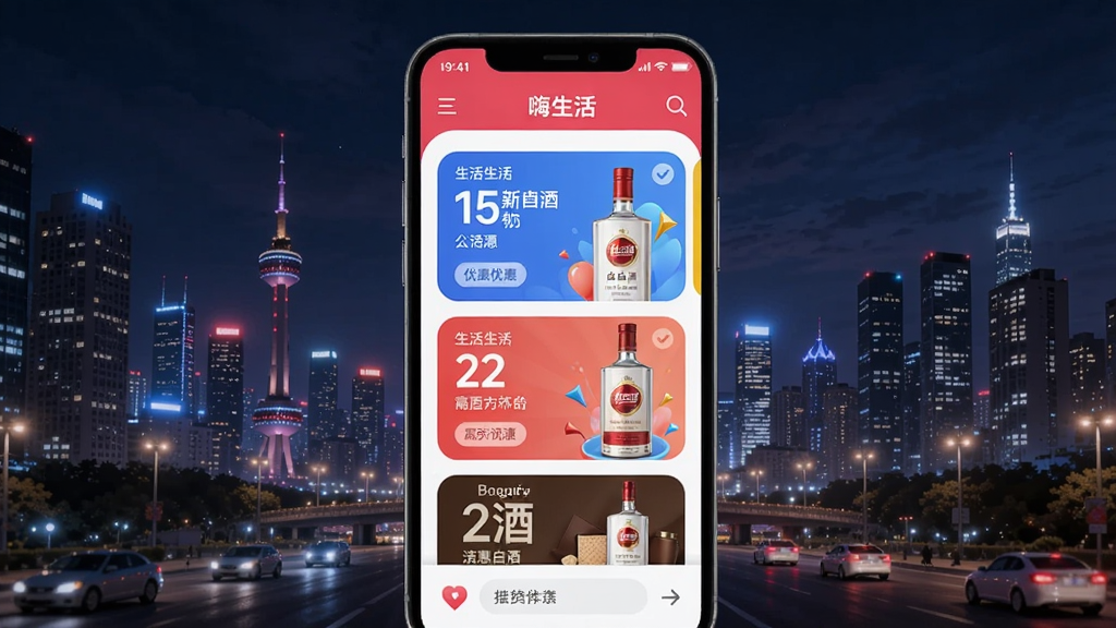 嗨生活APP主界面展示,背景为城市夜景,手机屏幕显示各种生活优惠卡片和白酒商品,色彩明亮,充满活力,适合Boogu模型生成