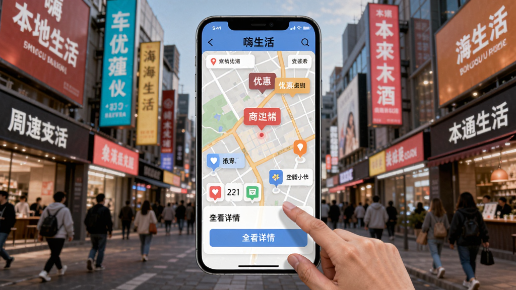 嗨生活本地优惠界面,地图上显示周围商家优惠标签,用户手机点击查看详情,背景是繁华商业街,色彩鲜艳,数据可视化,适合Boogu模型生成